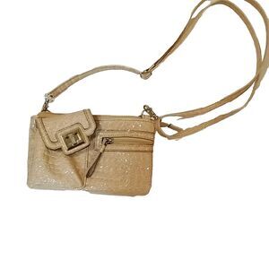 Cream Patent Crossbody Bag Small Minimalist Multi Pocket Shoulder Purse Neutral